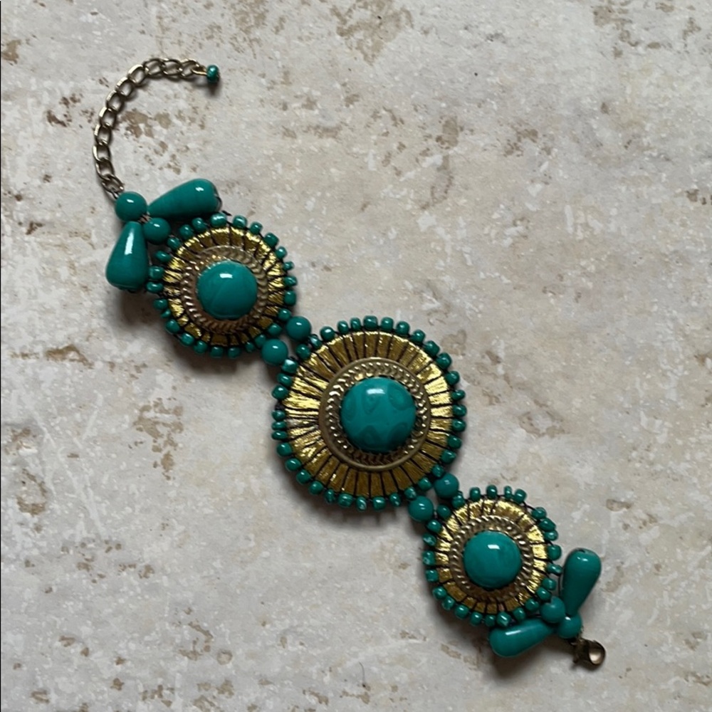Beaded woven bracelet turquoise and gold